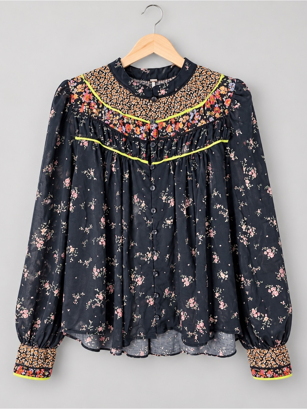 Free People Paloma Black Combo Floral Button Front Blouse Medium
